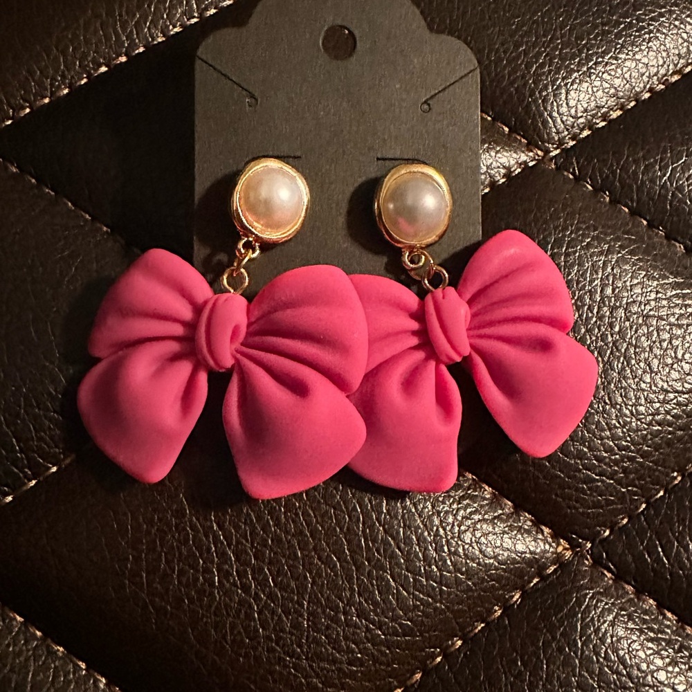 Pink Bow Earrings with Pearl Accent
